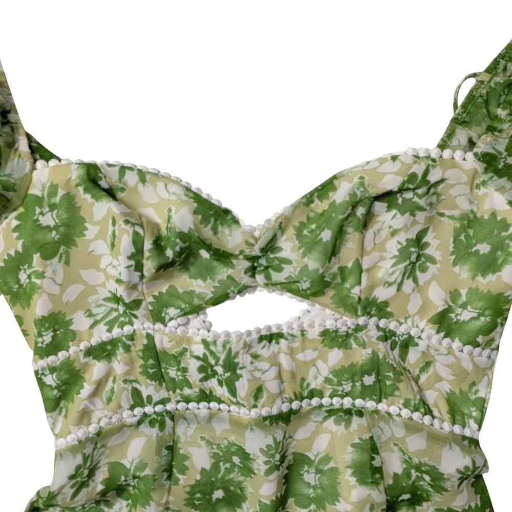 Hello Molly Drinking Games Dress Green Floral Puff Sleeve Mini Cutout Size 8 - Picture 7 of 13